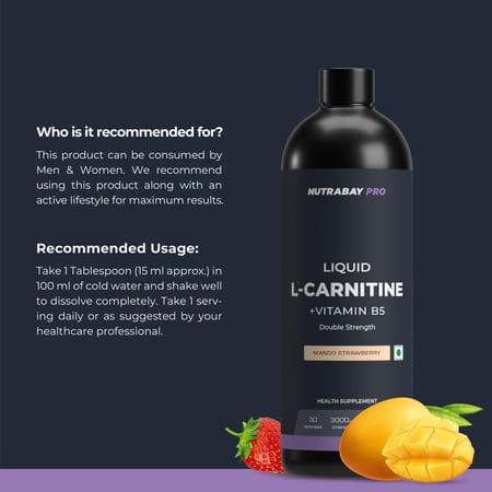 Nutrabay Pro Liquid L-Carnitine With Vitamin B5-450 Ml Mango Strawberry | 30 Servings | 3000mg