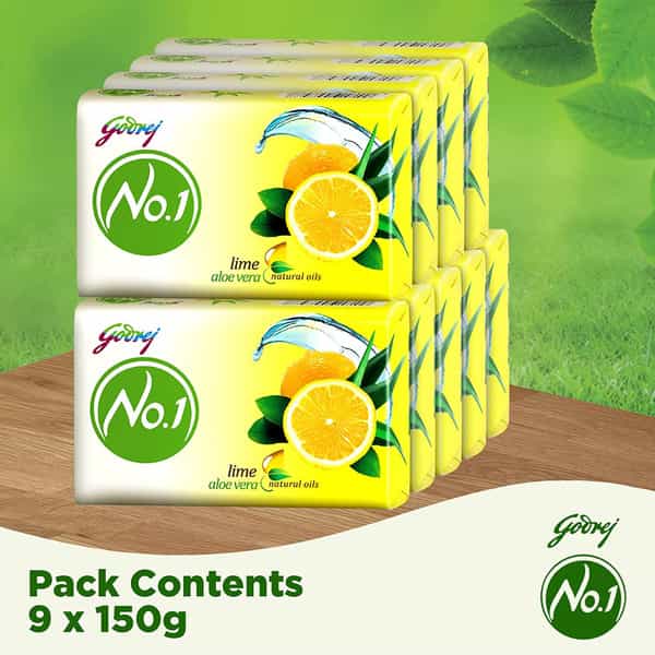 Godrej No.1 Lime & Aloe Vera (150G) | Pack Of 9 - High Tfm (Grade 1 Soap) | Long-Lasting Fragrance