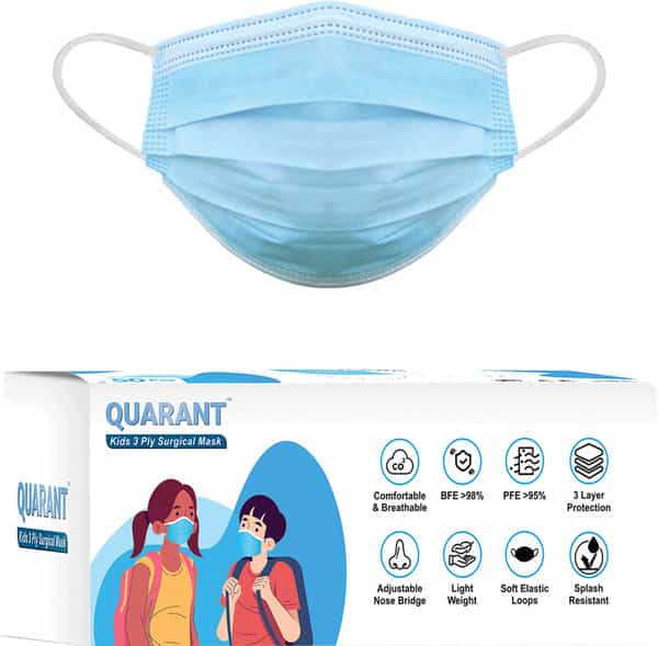 Quarant Kids Blue 3 Ply Disposable Surgical Face Mask For Boys & Girls 5 To 12 Years - Pack Of 50