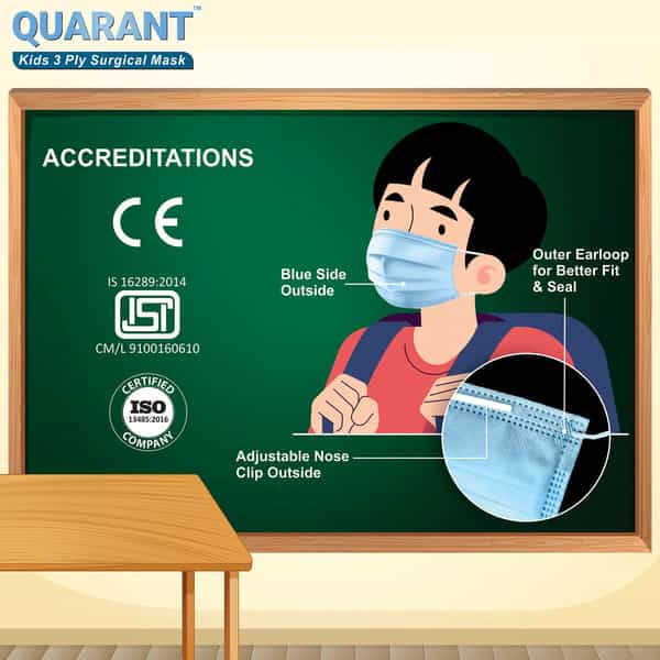 Quarant Kids Blue 3 Ply Disposable Surgical Face Mask For Boys & Girls 5 To 12 Years - Pack Of 50