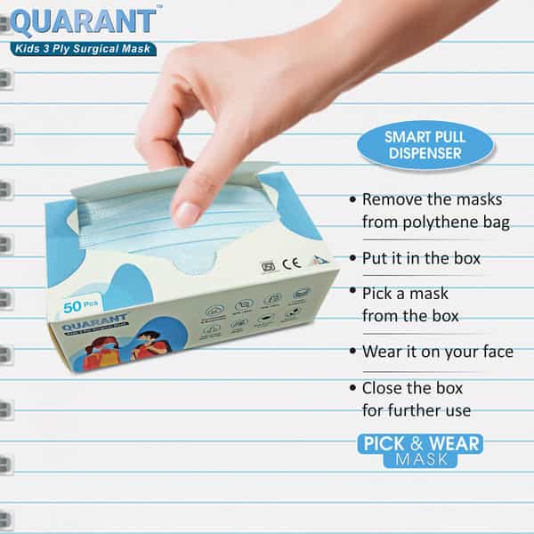 Quarant Kids Blue 3 Ply Disposable Surgical Face Mask For Boys & Girls 5 To 12 Years - Pack Of 50