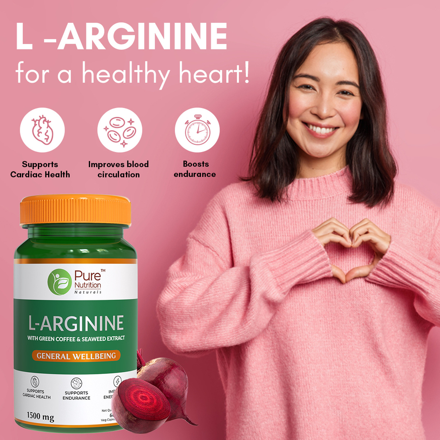 Buy PURE NUTRITION LARGININE FOR GOOD BLOOD FLOW AND HEALTHY HEART 60