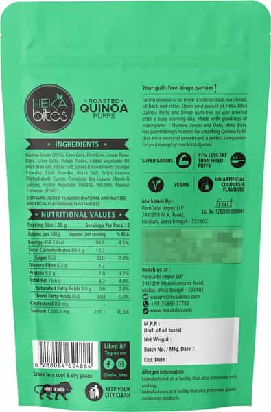 Heka Bites Roasted Quinoa Puffs Indian Chaat - Pack Of 1 |Low Calorie Healthy & Diabetic Snacks