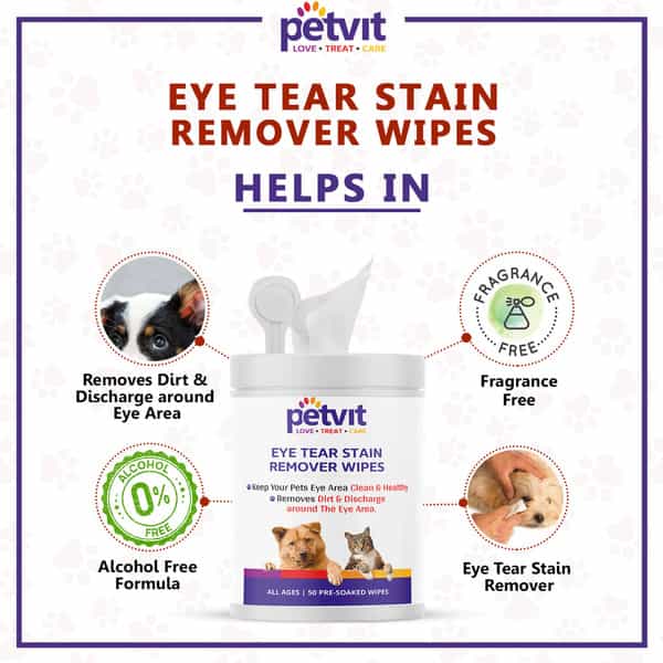 Petvit Eye Tear Stain Remover Wipes For Dogs And Cats | Fragrance Less 50 Wipes | For All Age Group