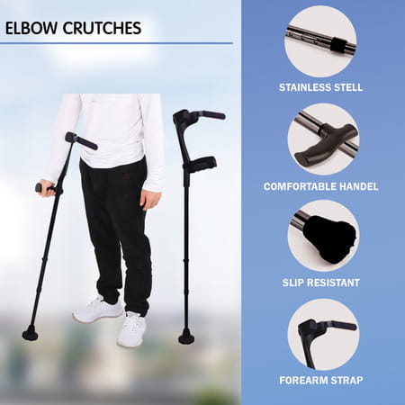 Stergic Next Adjustable Walking Crutches | Elbow Support & Moveable Arm Cuff | Strap Lock (Black)