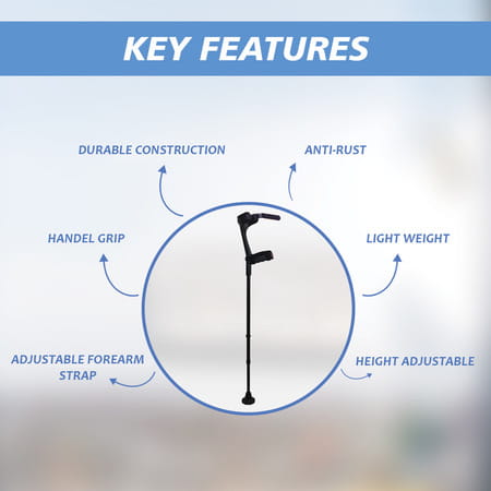 Stergic Next Adjustable Walking Crutches | Elbow Support & Moveable Arm Cuff | Strap Lock (Black)