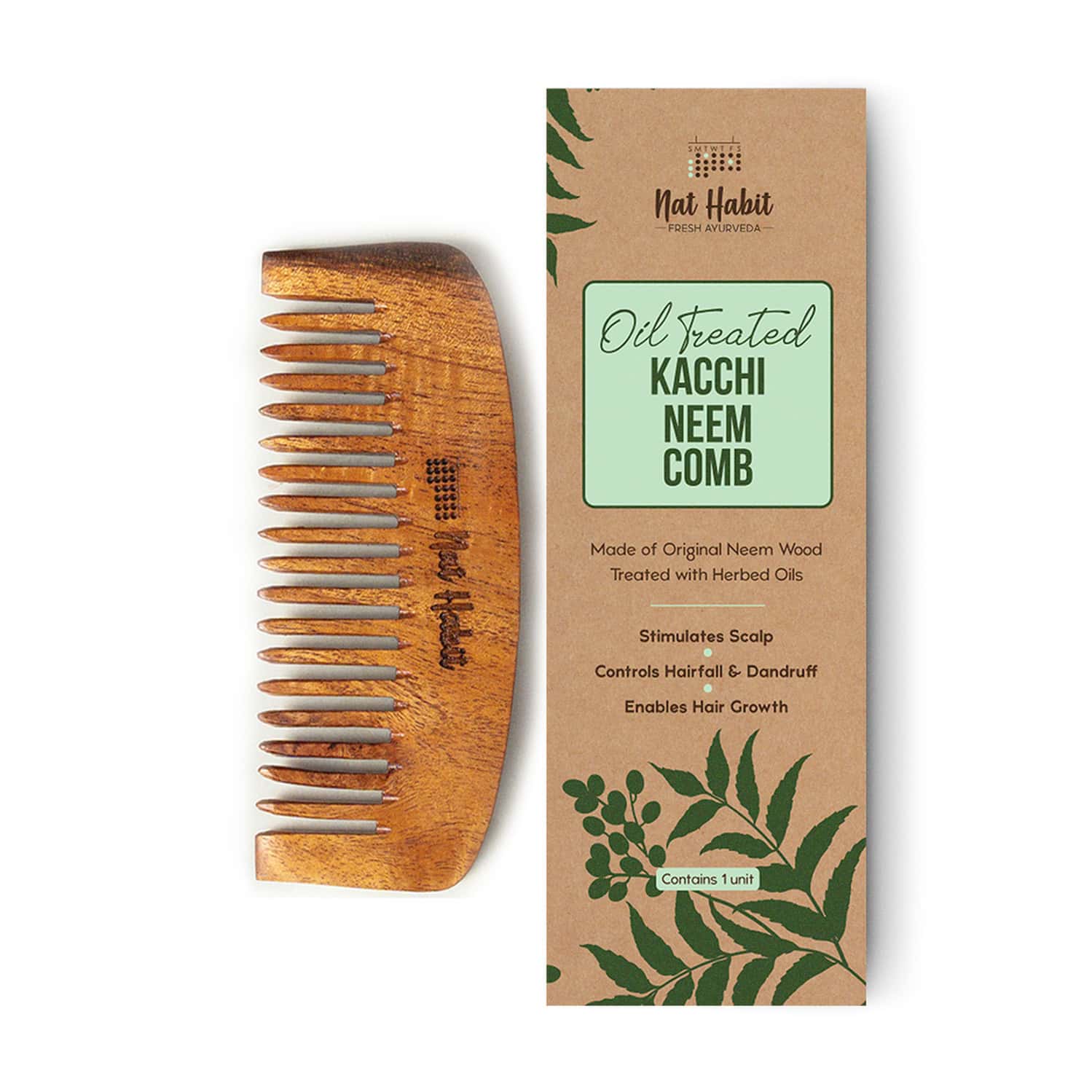 Nat Habit Kacchi Neem Wooden Bounce Comb For Voluminous Hair - Soaked In 17 Herbs & Oils