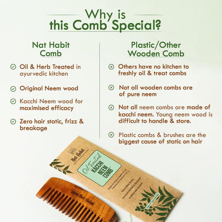 Nat Habit Kacchi Neem Wooden Bounce Comb For Voluminous Hair - Soaked In 17 Herbs & Oils