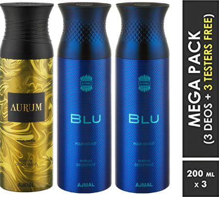 Ajmal Aurum & Blu & Blu Deodorant Spray - For Men & Women (200 Ml Pack Of 3)