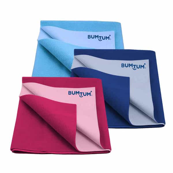 Bumtum Dry Sheet Leakproof Baby Bed Protector (Blue+Blue+Hotpink Medium Size 100*70Cm|Pack Of 3)
