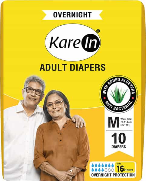 Kare In Overnight Adult Diapers Medium Waist Size 76-114 Cm (30- 45) Tape Style Leak Proof 10 Count