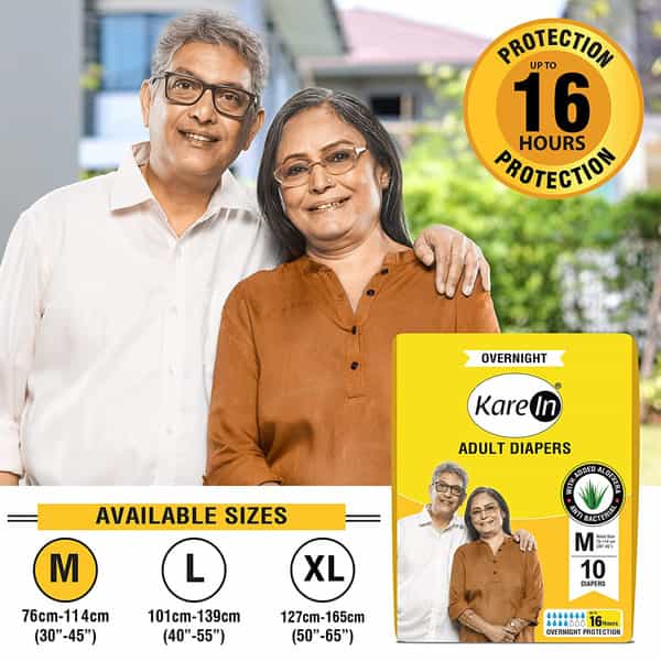 Kare In Overnight Adult Diapers Medium Waist Size 76-114 Cm (30- 45) Tape Style Leak Proof 10 Count