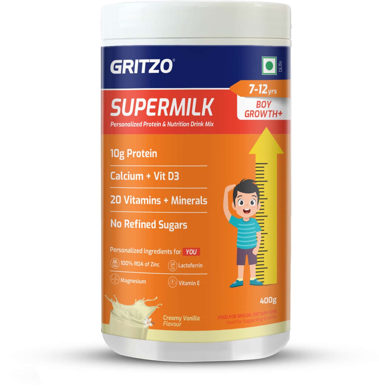 Gritzo Supermilk Growth+ (formerly Height+) (7-12y Boys) | 10g Protein (creamy Vanilla | 400g)