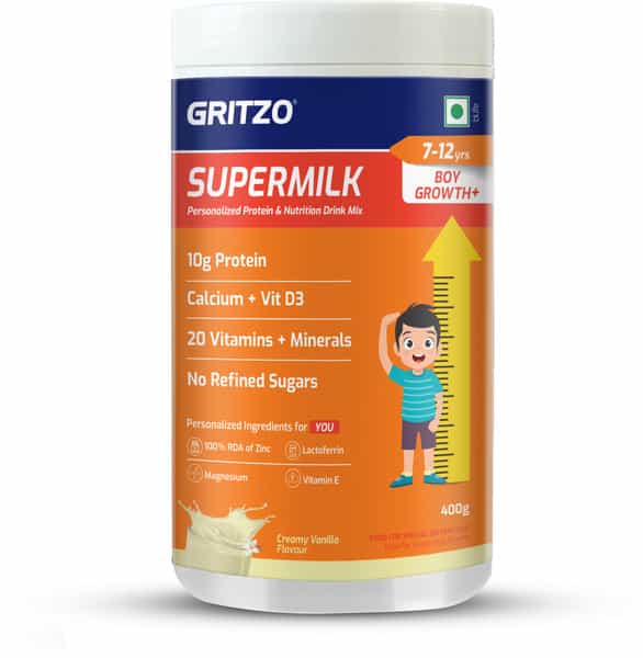 Gritzo Supermilk Growth+ (7-12Y Boys) | 10G Protein Powder (Creamy Vanilla | 400G)
