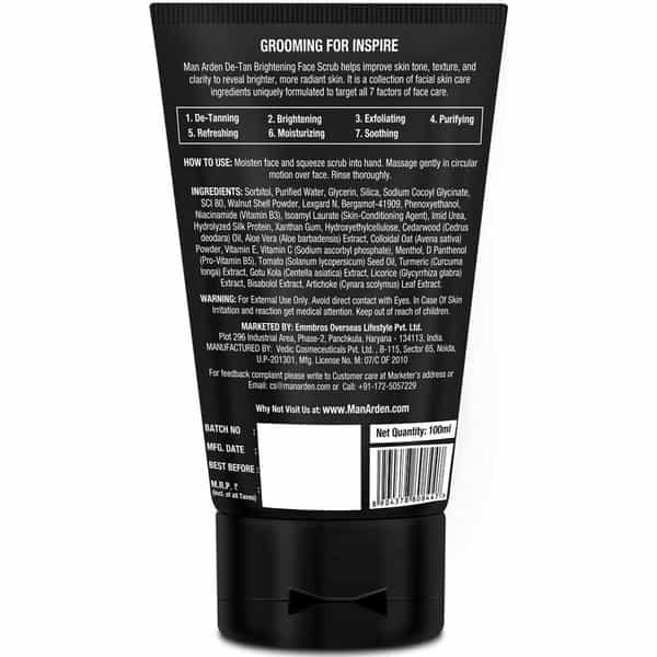 Man Arden De Tan Brightening Face Scrub - De-Tans & Exfoliates Skin - With Vitamin C 100 Ml