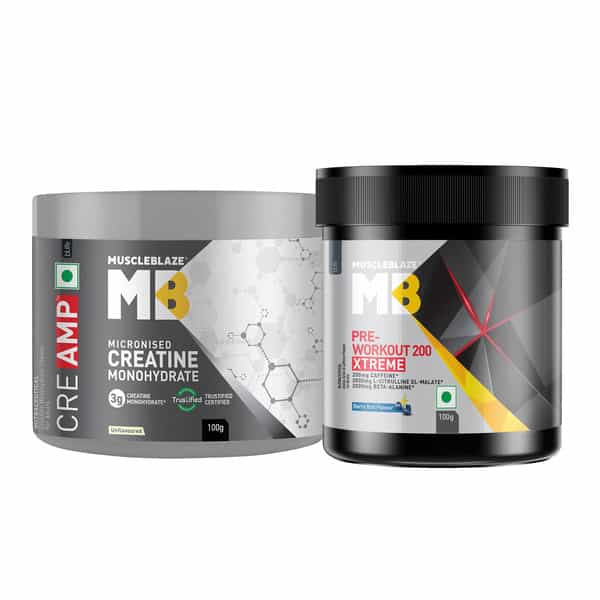 Muscleblaze Pre Workout 200 Xtreme (Berry Bolt | 100G & Creatine Monohydrate (Unflavoured | 100G)
