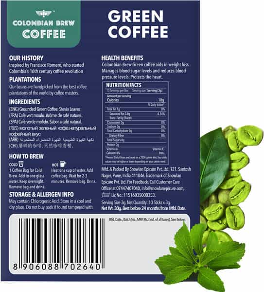 Colombian Brew Coffee Green Coffee Hot & Cold Brew 10 Sticks