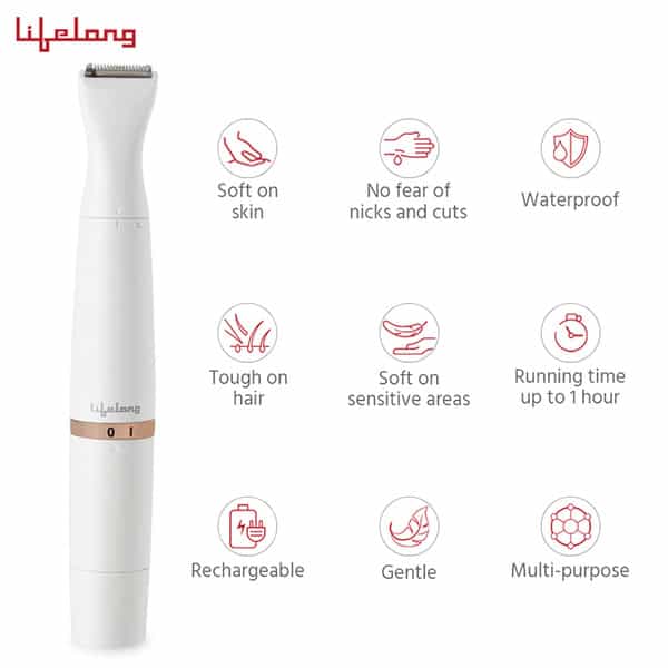 Lifelong Llpcw30 Rechargeable Eyebrow Underarms And Bikini Trimmer (White) - 1 Hour Runtime