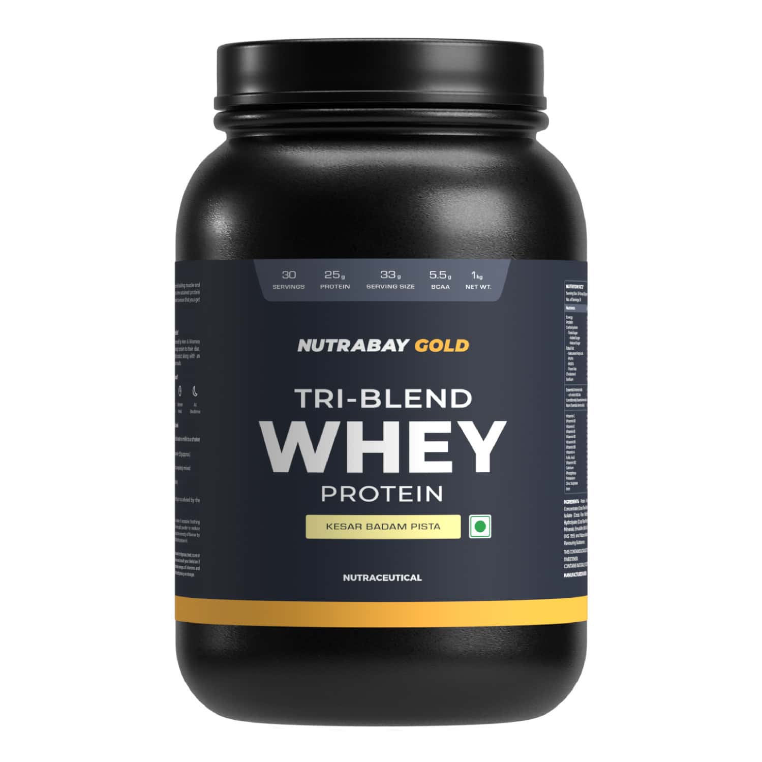 Nutrabay Gold Tri Blend Whey Protein Powder - 25g Protein | 5.5g Bcaa - 1kg | Kesar Badam Pista