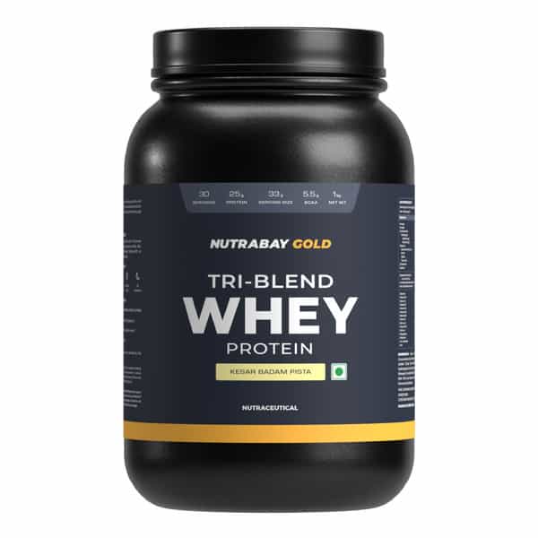 Nutrabay Gold Tri Blend Whey Protein Powder - 25G Protein | 5.5G Bcaa - 1Kg | Kesar Badam Pista