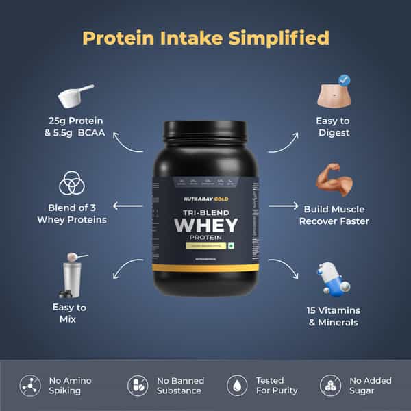 Nutrabay Gold Tri Blend Whey Protein Powder - 25G Protein | 5.5G Bcaa - 1Kg | Kesar Badam Pista