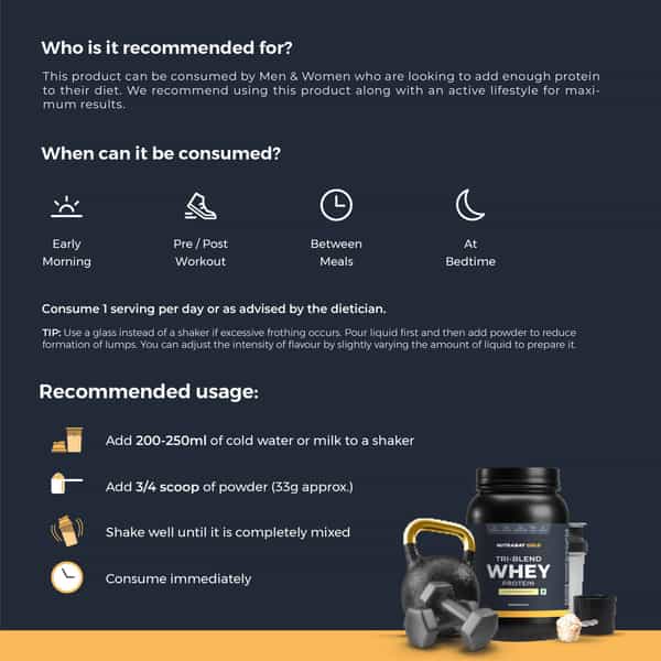 Nutrabay Gold Tri Blend Whey Protein Powder - 25G Protein | 5.5G Bcaa - 1Kg | Kesar Badam Pista