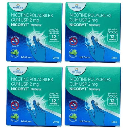 Nicobyt Nicotine Polacrilex Gum U.S.P 2mg - |Mint Flavoured| 9 Chewing Gums X Pack Of 4