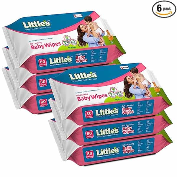 Little's Soft Cleansing Baby Wipes With Aloe Vera | Jojoba Oil And Vitamin E (80 Wipes) Pack Of 6