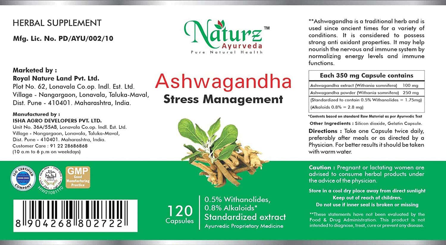 Buy NATURZ AYURVEDA ASHWAGANDHA 350MG 120 CAPSULES (PACK OF 5) NATURAL