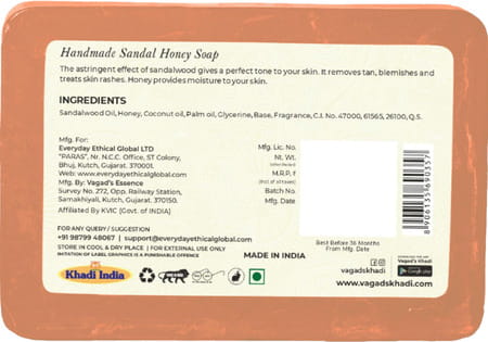 Vagad's Khadi Sandal & Honey Soap 125Gm | Removes Tan And Blemishes | Provide Moisture Pack Of 3