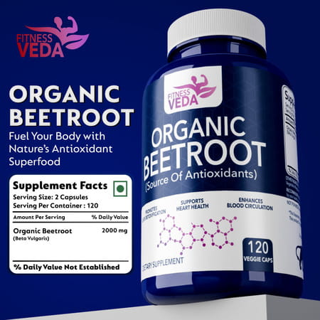 Fitness Veda Organic Beetroot Capsules - 120 Veg Capsules - Plant-Based Beetroot Powder