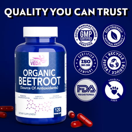 Fitness Veda Organic Beetroot Capsules - 120 Veg Capsules - Plant-Based Beetroot Powder