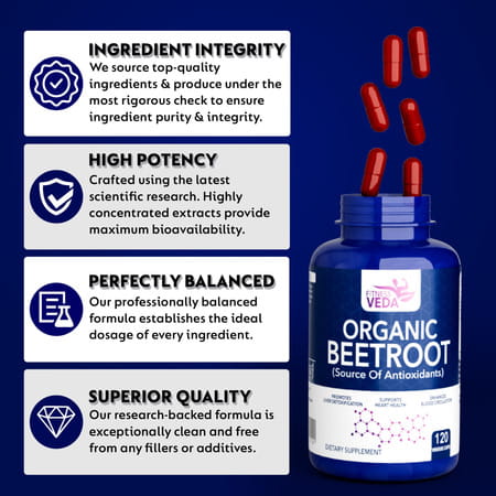 Fitness Veda Organic Beetroot Capsules - 120 Veg Capsules - Plant-Based Beetroot Powder