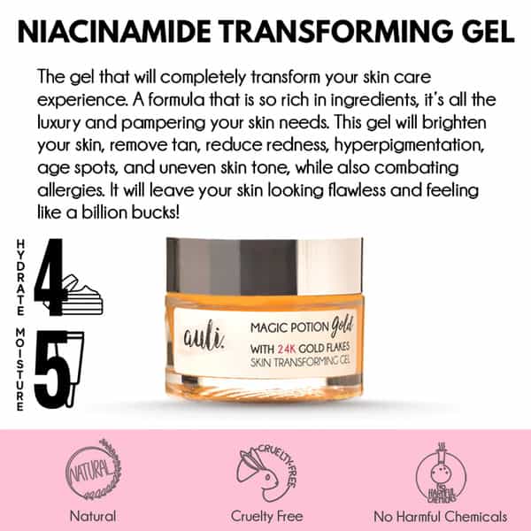Auli Magic Potion Gold Niacinamide 24K Gold Aloevera Non-Sticky Acne Removing Skin Glowing Gel -60Gm