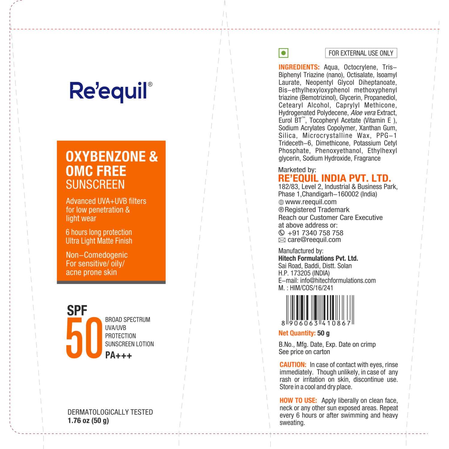 Buy RE'EQUIL OXYBENZONE FREE SUNSCREEN SPF 50 FOR OILY, ACNE PRONE SKIN