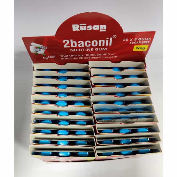 Rusan 2Baconil 2Mg | Ice Mint Flavour Sugar Free | Box | 180 Nicotine Gums | Pack Of 1