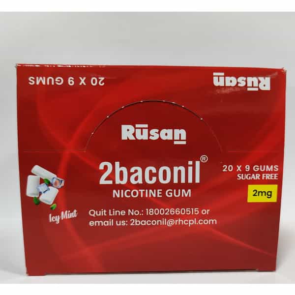 Rusan 2Baconil 2Mg | Ice Mint Flavour Sugar Free | Box | 180 Nicotine Gums | Pack Of 1