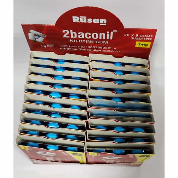 Rusan 2Baconil 2Mg | Ice Mint Flavour Sugar Free | Box | 180 Nicotine Gums | Pack Of 1