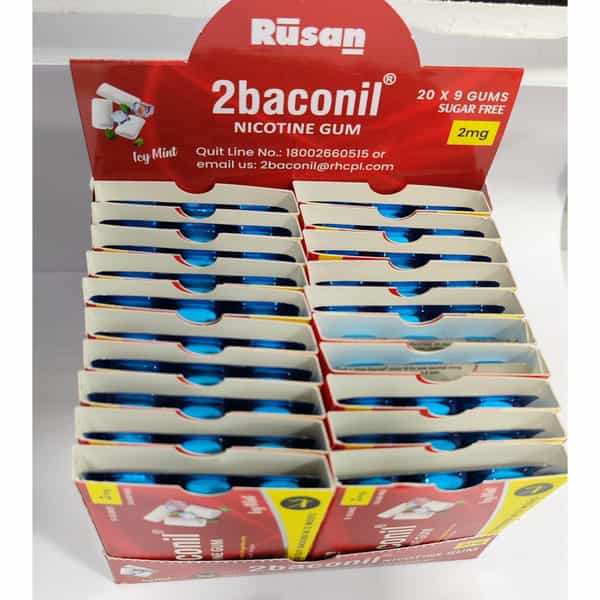 Rusan 2Baconil 2Mg | Ice Mint Flavour Sugar Free | Box | 180 Nicotine Gums | Pack Of 1