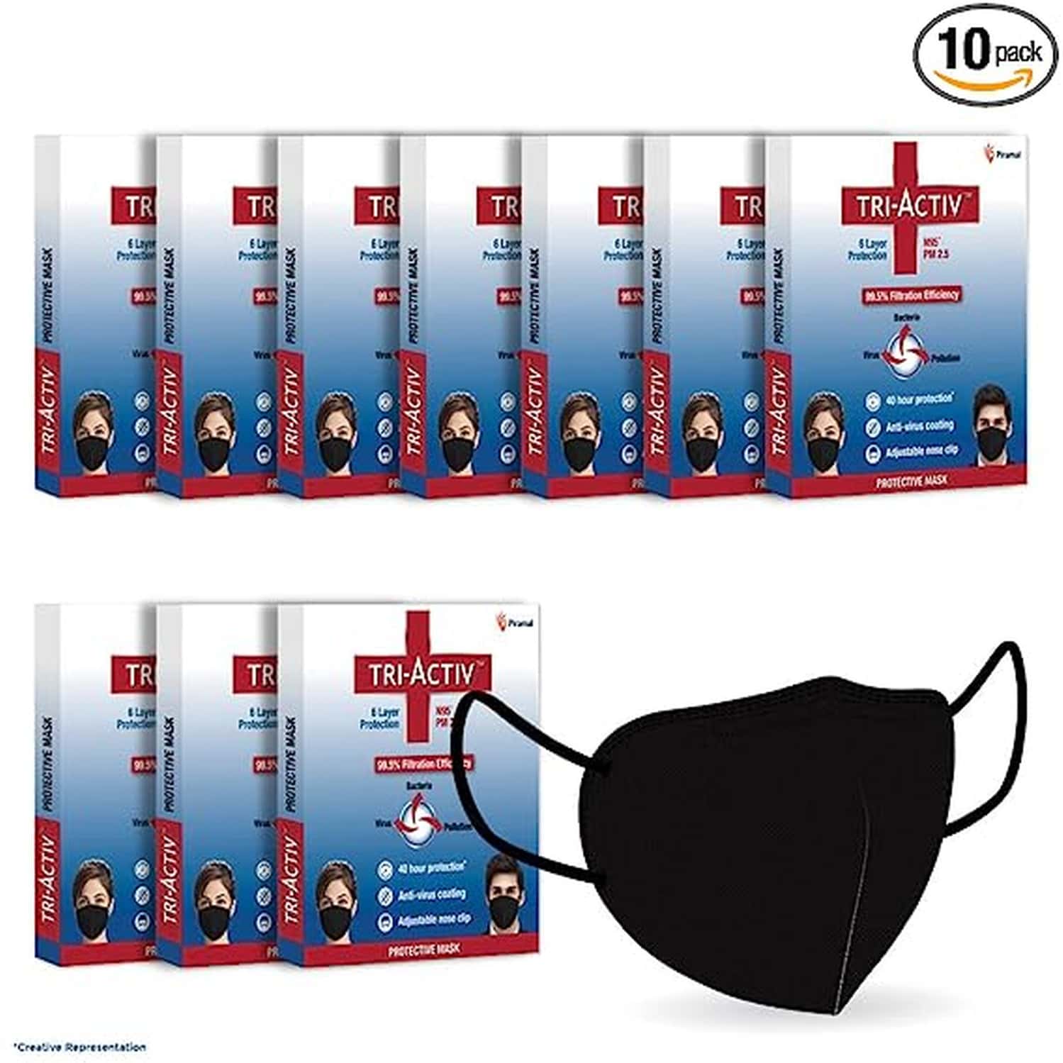 Tri-Activ 6 Layer Protective Face Masks | Pm2.5 / N95 Tested As - Pack 10