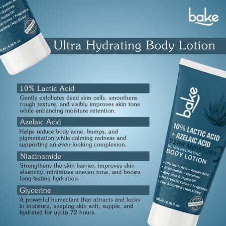 Bake 10% Lactic + Azelaic Body Lotion For Exfoliation & Brightening (200ml)