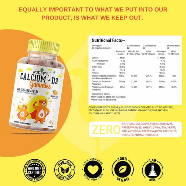 Nutrazee Calcium + Vitamin D3 Gummies For Kids & Adults 45 Gummy Bears