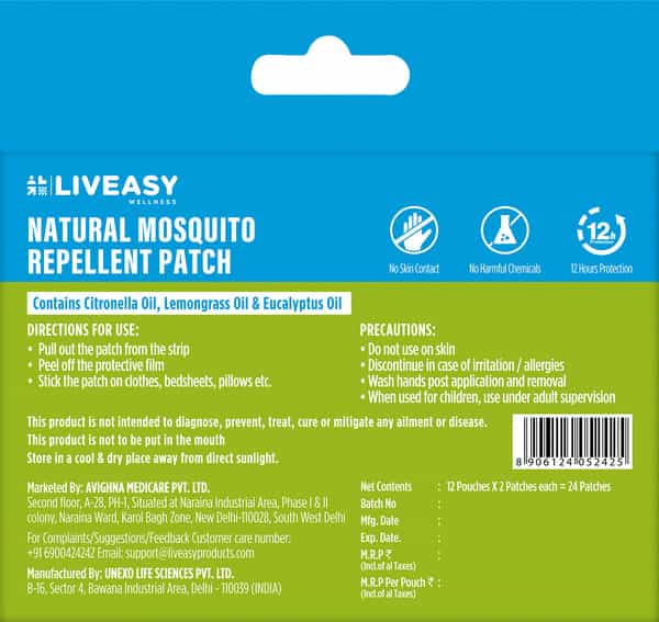Liveasy Wellness Natural Mosquito Repellent Patch 12 Pouches * 2 Patches (24 Patches)