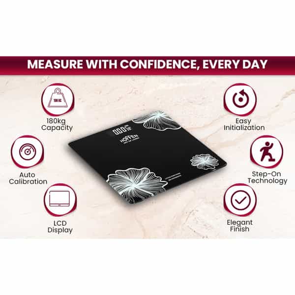Hoffen (India) Electronic Digital Personal Bathroom Weight Machine | Upto 180Kg - Black