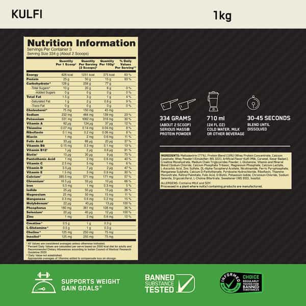 Optimum Nutrition (On) Serious Mass Weight Gainer Powder - 1 Kg(Kulfi) | Vegetarian