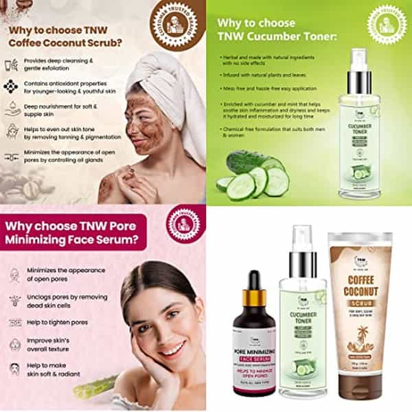 Tnw The Natural Wash Skincare Combo Of 3 With Scrub | Cucumber Toner & Pore Minimizing Face Serum