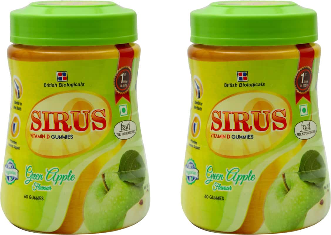 Sirus Vitamin D3-60 Gummies | Unisex | Green Apple Flavor (pack Of 2)