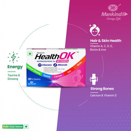 Health Ok Strawberry Flavour Nutraceutical For Women Strip Of 10 Tablets