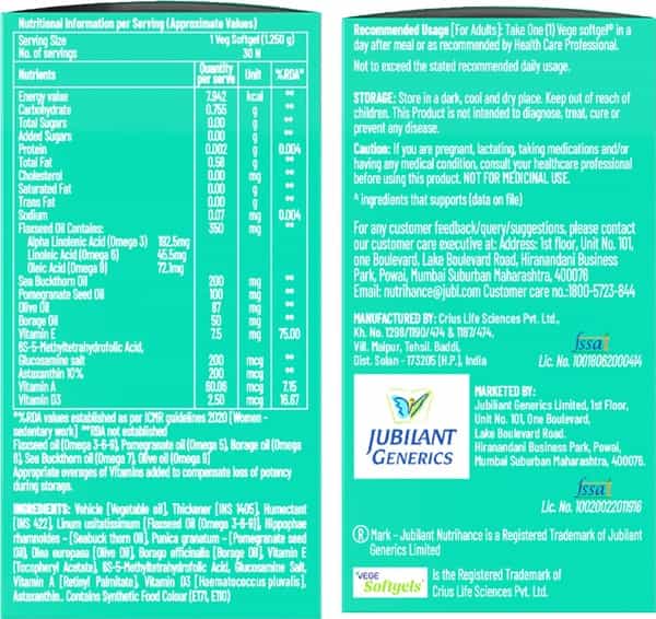 Jubilant Nutrihance Multiomega 100% Vegan Omega (30 Veg Softgels) For Heart & Nerve Renal Health