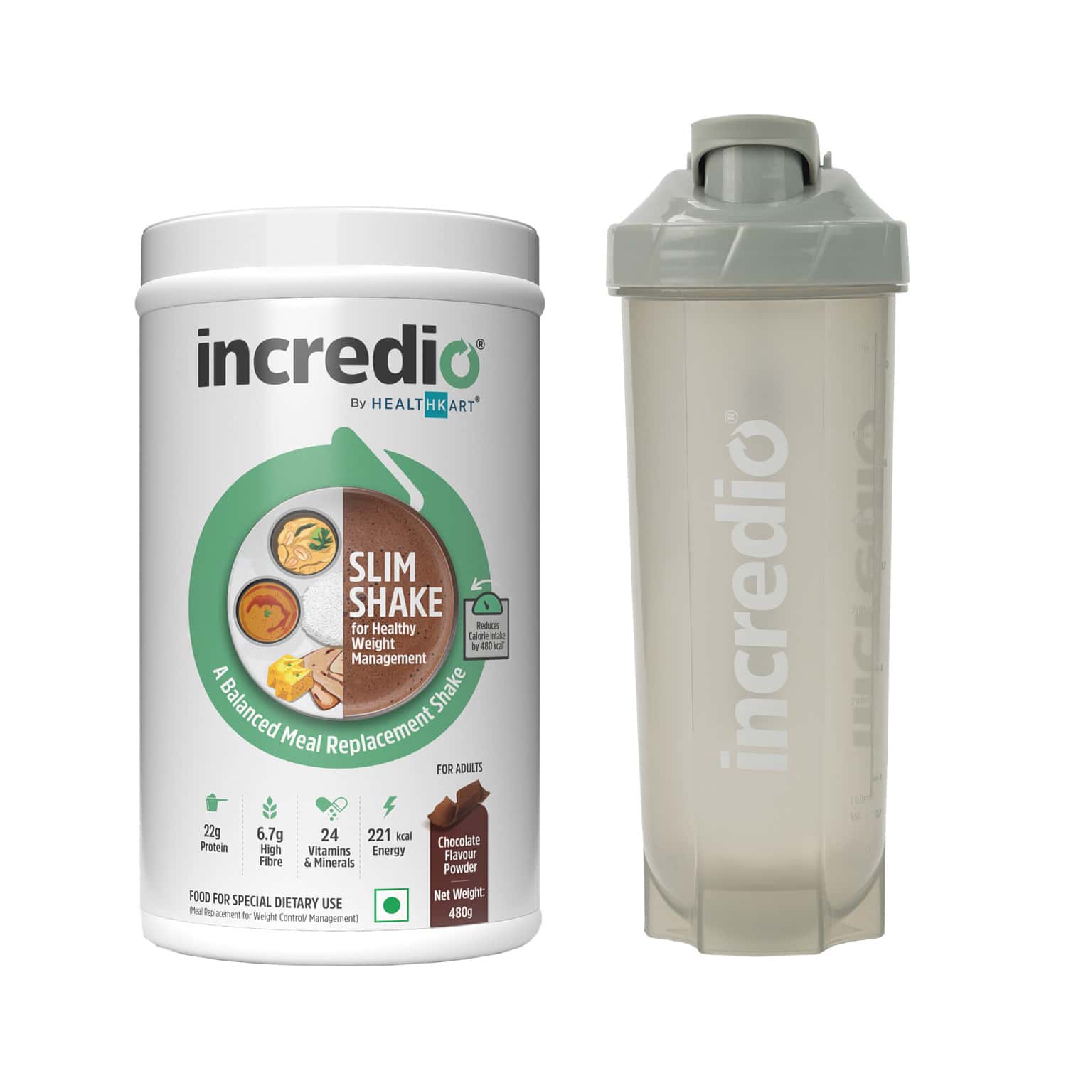 Incredio By Hk Vitals Slim Shake | Weight Management | Chocolate | 480g | With Shaker (grey | 600ml)